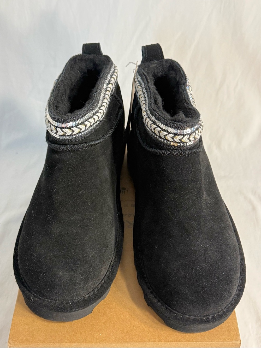 BearPaw Black Suede Ankle Booties with Braided Collar Detail
